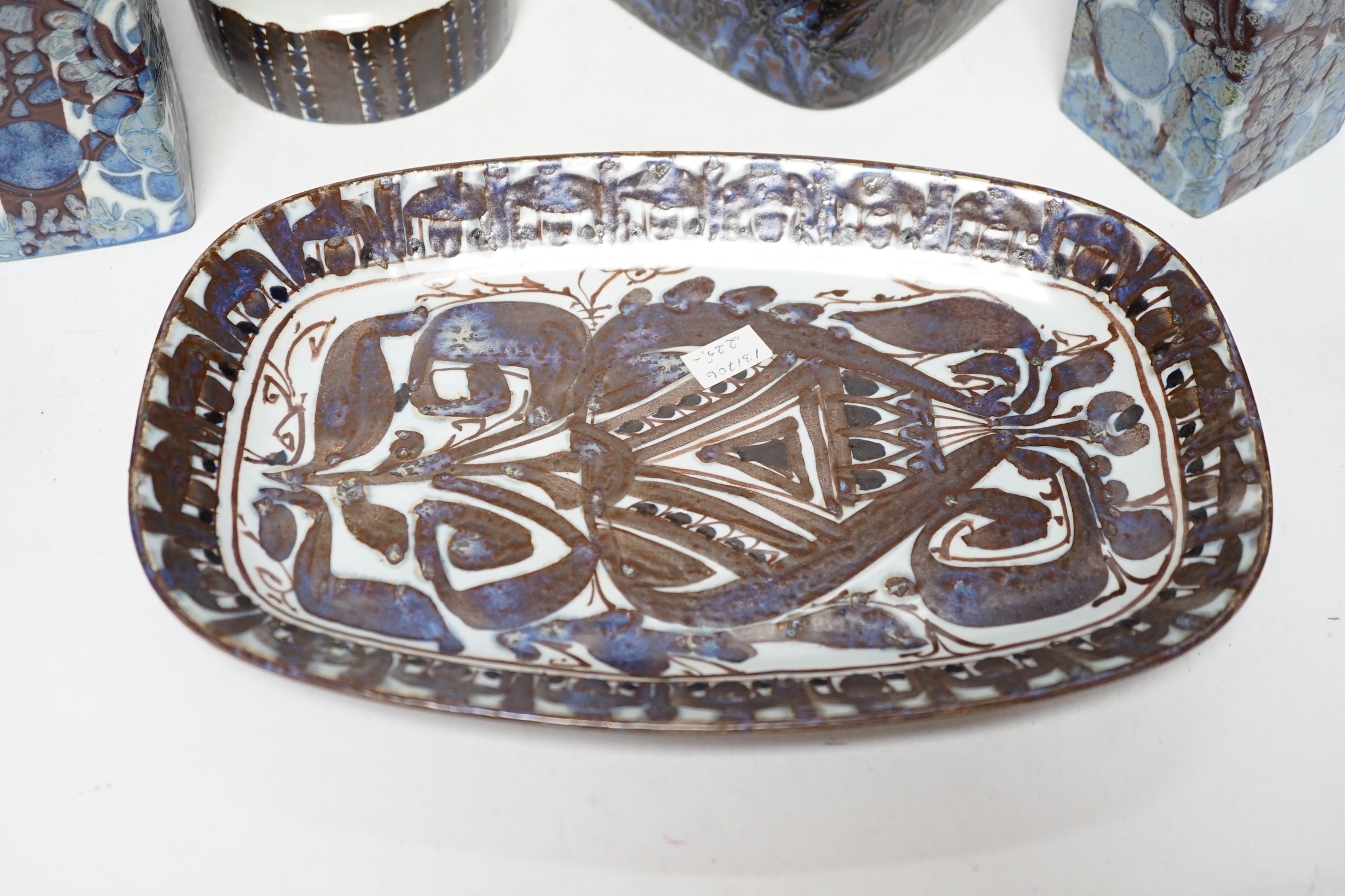 A pair of Royal Copenhagen pottery ‘fajance’ blue glaze vases and a squat jar and cover, together with an Alumina ware larger jar and cover and a rectangular tray signed CK, tallest 19cm